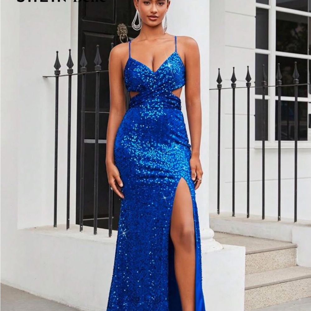 SHEIN Blue Sequin Prom Gown with Slit